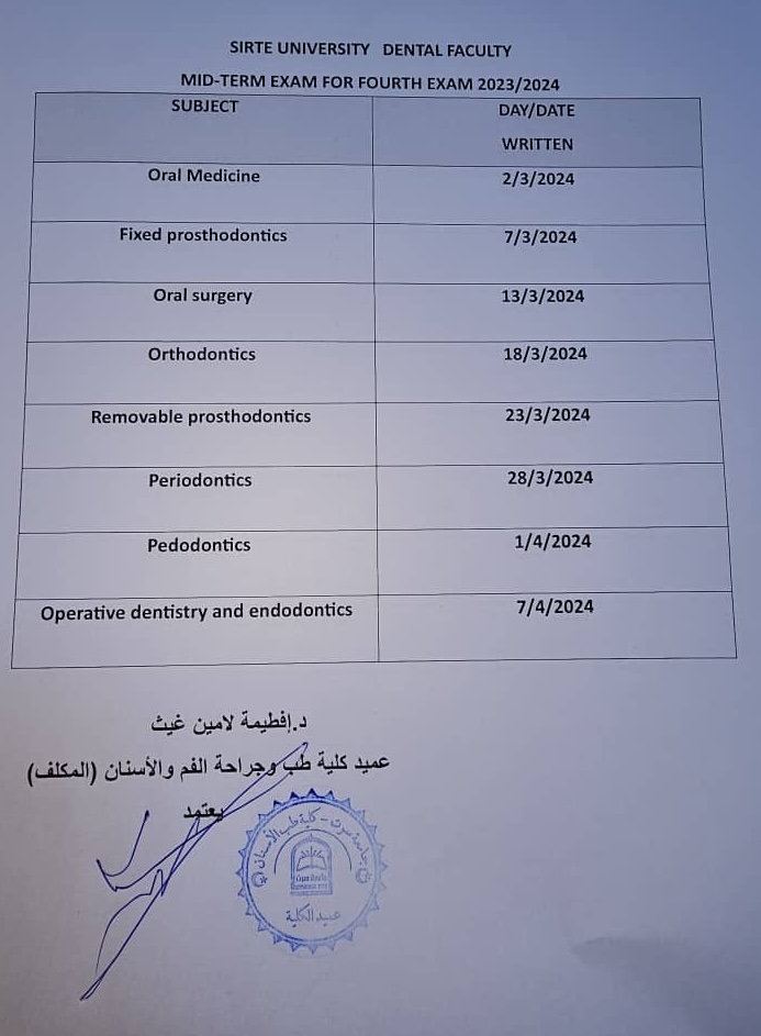 جدول الامتحانات النصفية للسنة الرابعة طب أسنان المعدل